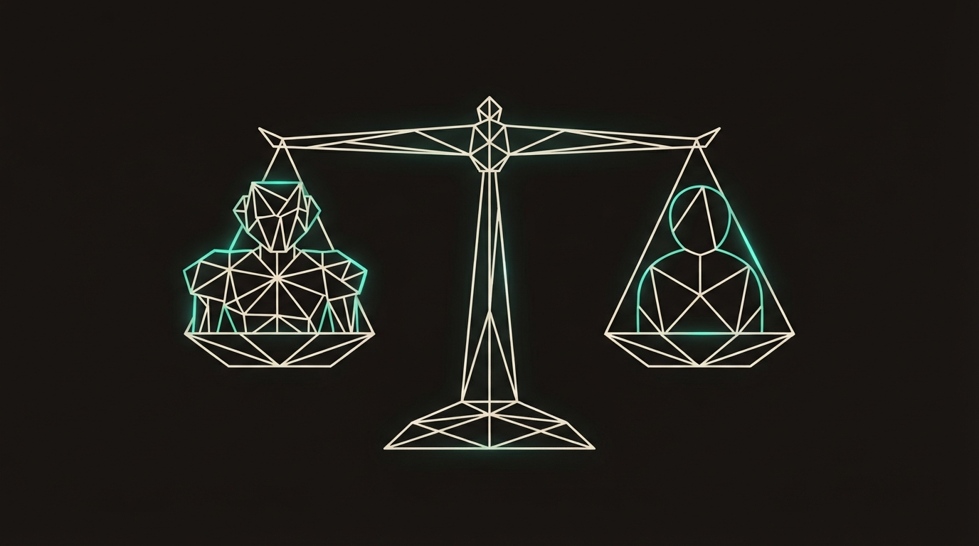 Abstract illustration of a balance scale weighing a machine form against a human form