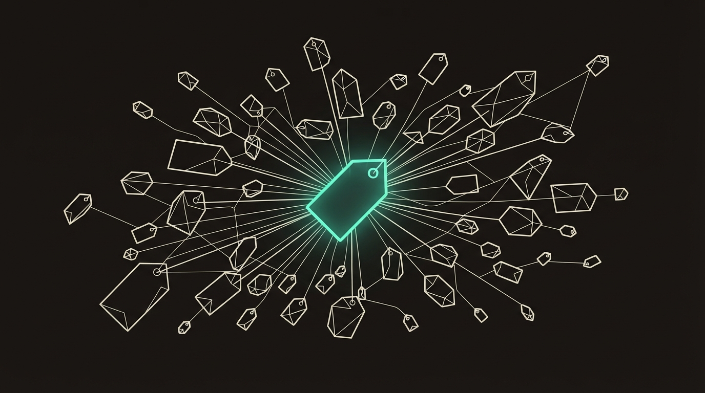 Abstract illustration of glossary tags connected in a node network