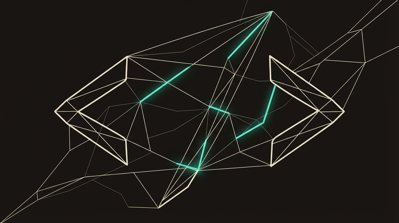 Abstract illustration of interlocking bracket shapes forming a web pattern
