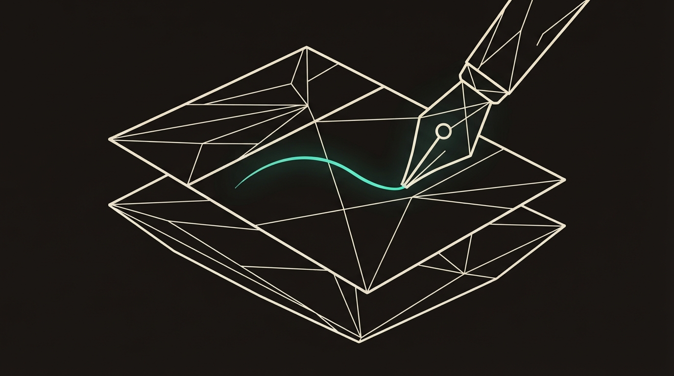 Abstract illustration of document panels being refined by a pen nib