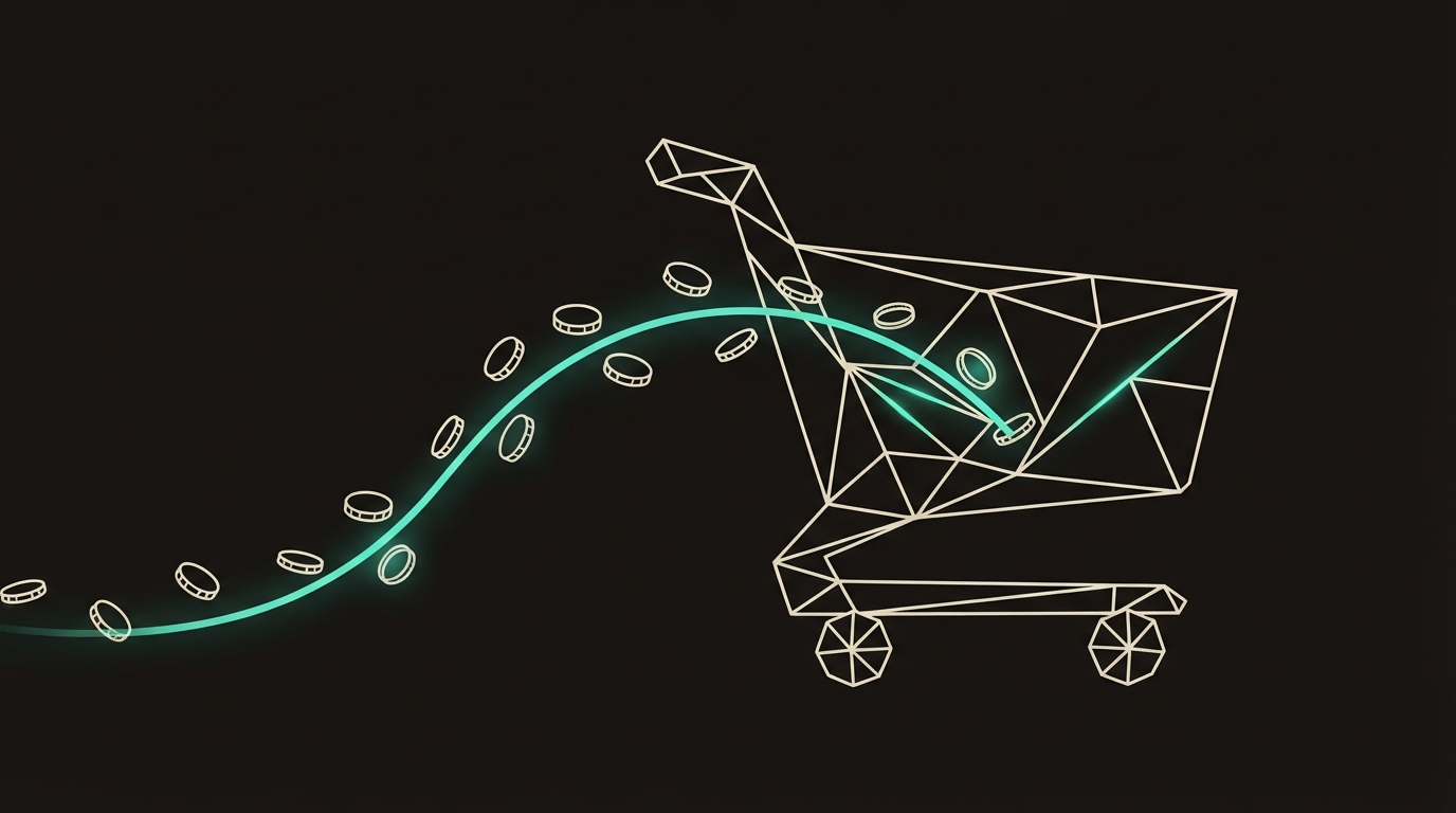 Abstract illustration of a shopping cart with coins flowing into it