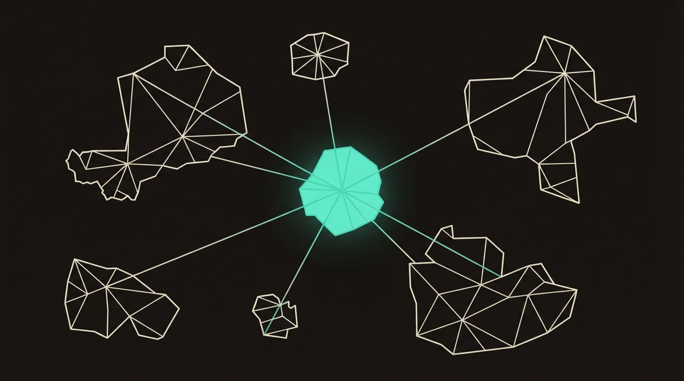 Abstract illustration of overlapping map regions connected to a central hub