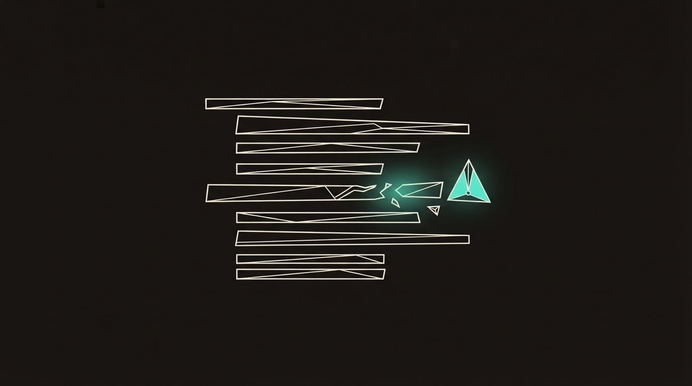 Abstract illustration of broken code rows with a warning marker